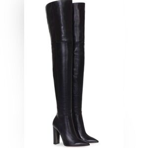 Thigh High Chunky Heel Boots Black Over The Knee Pointed Toe